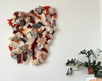 Unique coral reef wall decoration in ivory, beige, cappuccino, brown, blue, mustard. Fiber wall art.