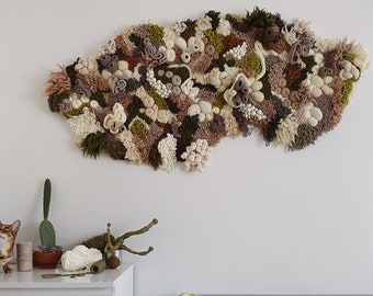 Unique irregular shape coral reef wall decoration in ivory, beige, cappuccino, brown, green, lime.