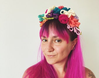 Cinco de Mayo Pink Red Flower Crown, Frida, Kahlo, Boho, Floral Headpiece, Bohemian, Day of the Dead, Spanish, Mexican Flower Headband