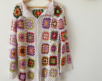 Women Crocheted Granny Square Boho Coat Sweater Cardigan