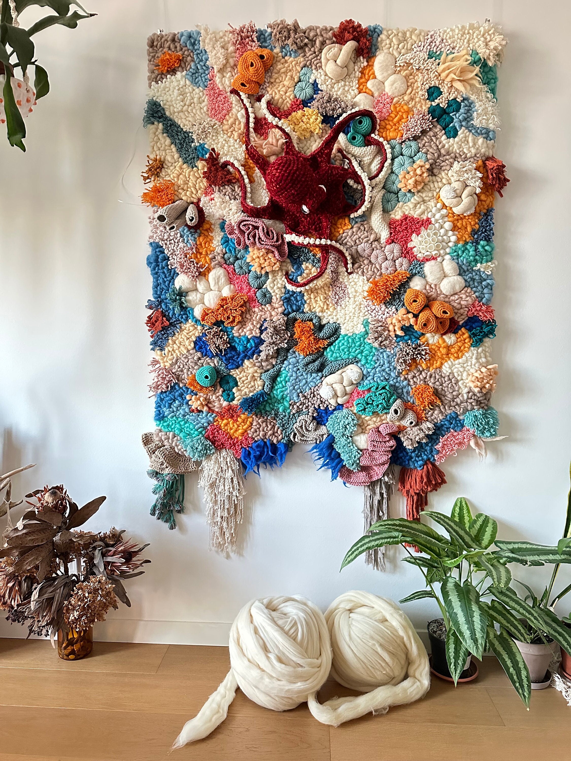 Unique Coral Reef Wall Decoration With Octopus in Navy, Orange