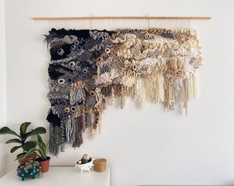 Unique irregular shape coral reef wall decoration in ivory, beige, cappuccino, brown, black, gray. Fiber textile wall art. Tapestry. Weaving