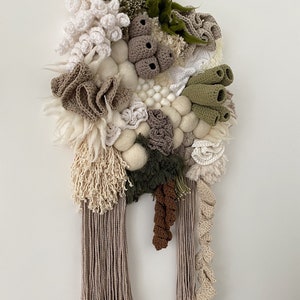 Unique coral reef weaving with crocheted and knitted details, ivory, green, cappuccino, brown image 10