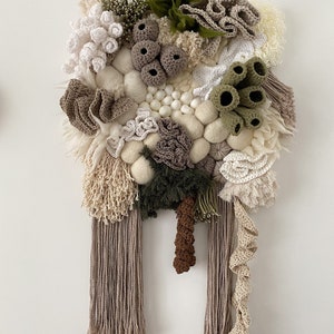 Unique coral reef weaving with crocheted and knitted details, ivory, green, cappuccino, brown image 7