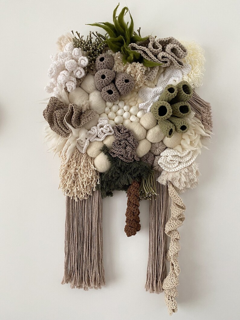 Unique coral reef weaving with crocheted and knitted details, ivory, green, cappuccino, brown image 7