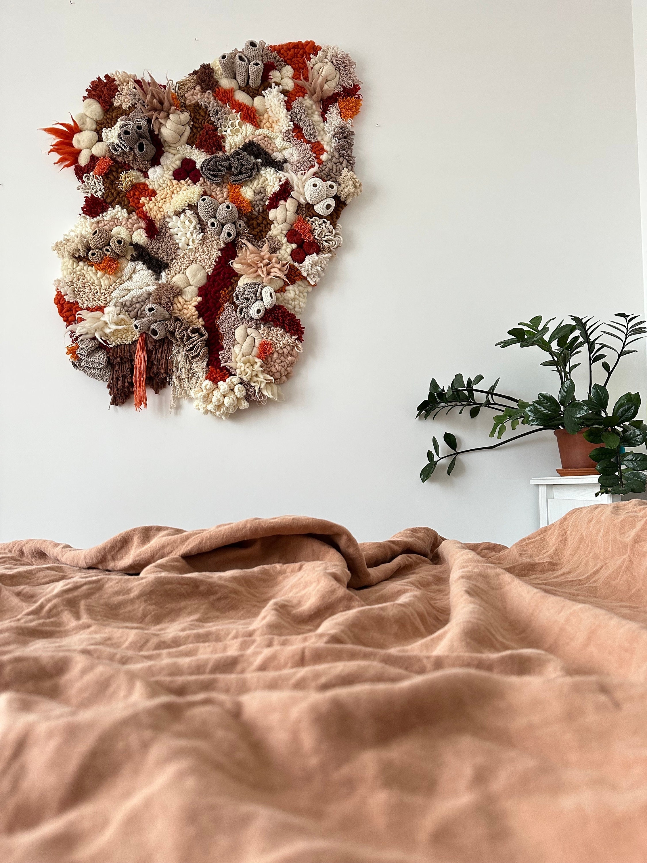 Unique Coral Reef Wall Art in Ivory, Beige, Terracotta, Orange & Burgundy - Handmade Fiber Decor