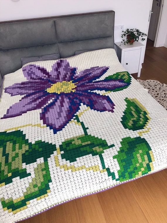 XXL Crochet Pixel Purple Flower Blanket, Granny Square, Crocheted