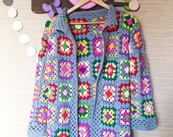 Woman Grey Crocheted Granny Square Boho Cardigan Gift Sweater