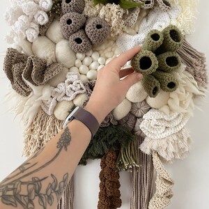 Unique coral reef weaving with crocheted and knitted details, ivory, green, cappuccino, brown image 4