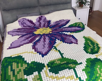 XXL Crochet pixel purple flower blanket, granny square, crocheted, handcrocheted.