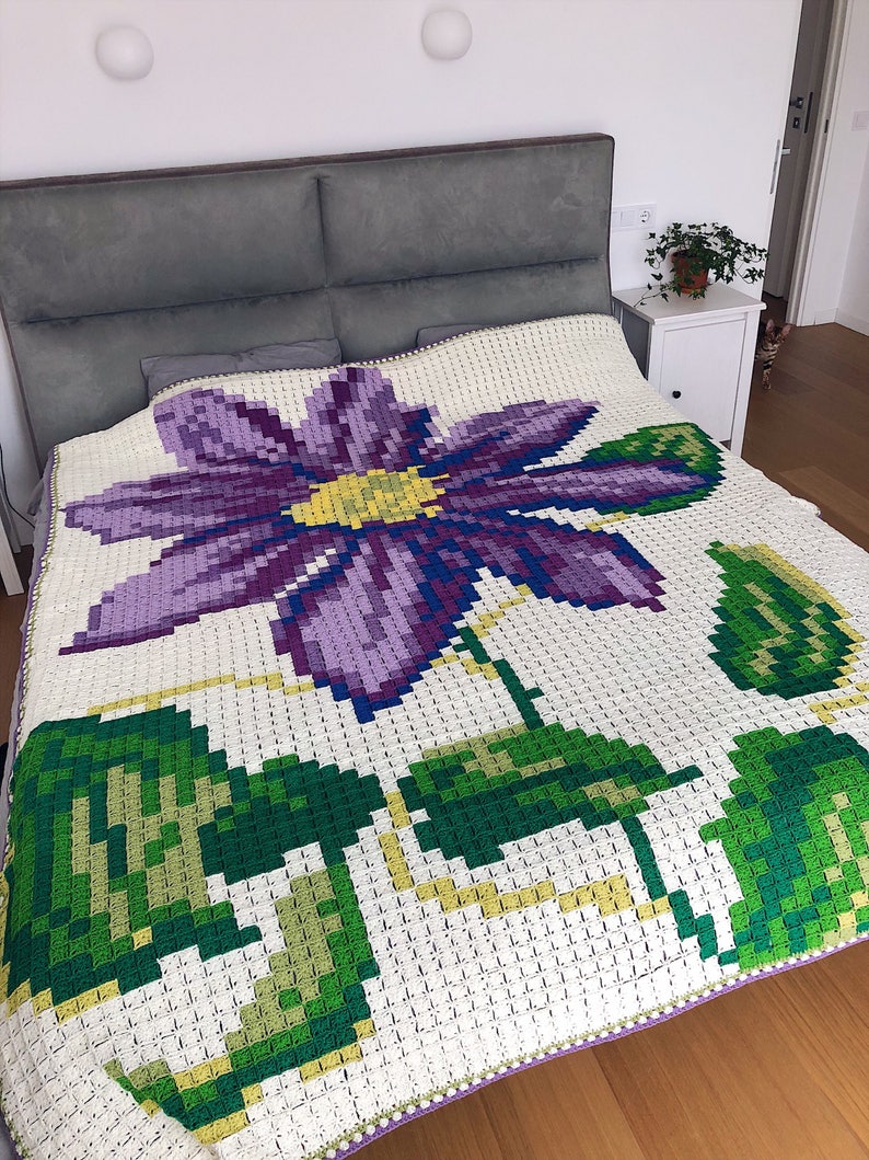 XXL Crochet pixel purple flower blanket granny square Etsy