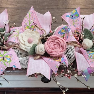 Spring floral garland, boiled wool floral swag, spring garland, summer swag, porch decor, spring table runner, butterfly garland, butterfly