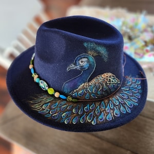 Hats, women's hats, Hand burned fedora hats, burnt hats, peacock hat