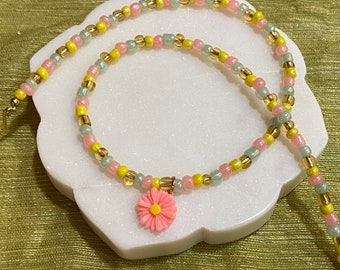 Pastel Beaded Necklace, Pink Jewelry, Flower Charm, Trendy Y2K Beaded Necklace, Pastel Pink Jewelry