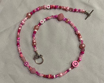 Pink Beaded Necklace, Freshwater Pearls, Trendy Bead Jewelry, Statement Necklace, Smiley Face Necklace, Y2K, Gifts