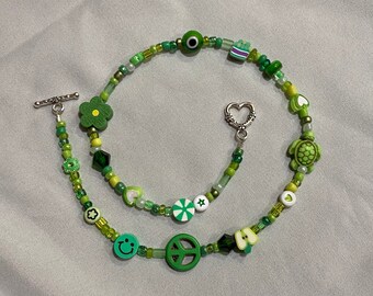 Green Beaded Necklace, Colorful Jewelry, Handmade Mix Bead Necklace, Trendy, Gifts for Her, Evil Eye Charm, Gift Ideas