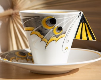 Shelley Mode Art Deco Butterfly Wing Teacup and Saucer with Yellow and Black Pattern - Made in England