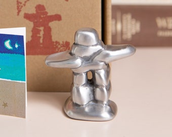 Vintage Inukshuk - Crafted in Canada Aluminum Mini Statue Signed Wee Gates - Inuit Indigenous Native American Handmade Souvenir of Canada