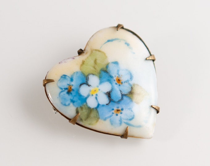 Antique Heart Shaped Enamel and Brass Pin / Brooch with Blue Flower Artwork - Vintage Art Deco Jewelry
