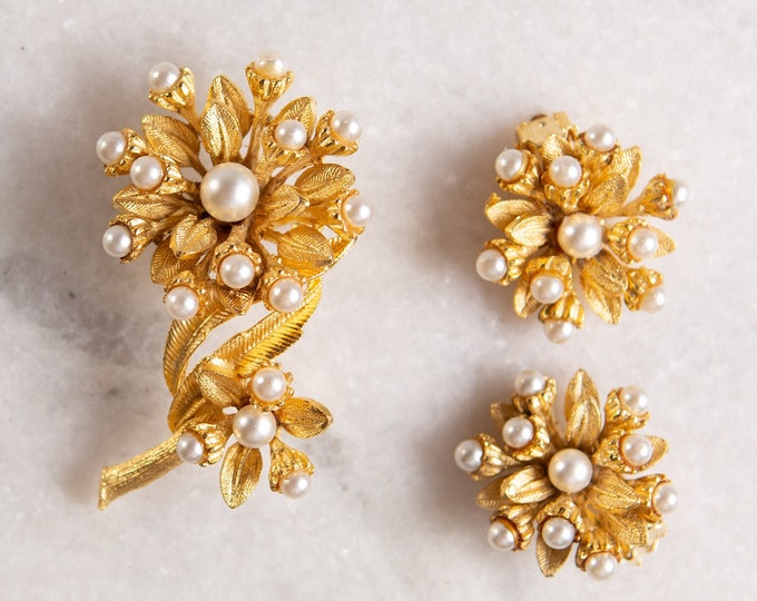 Earrings and Brooch Set - 50's Vintage Gold Tone PAM Earrings - Clip on Costume Jewelry with Faux Pearls - Ornate Floral Intricate Design