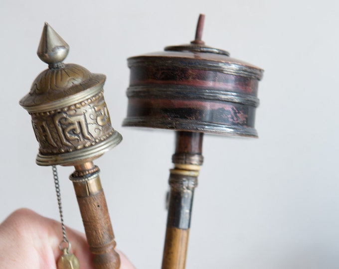 Vintage Tibetan Prayer Wheels - Copper and Metal Buddha / Buddhist Scroll Om Meditation Spinning Wheels