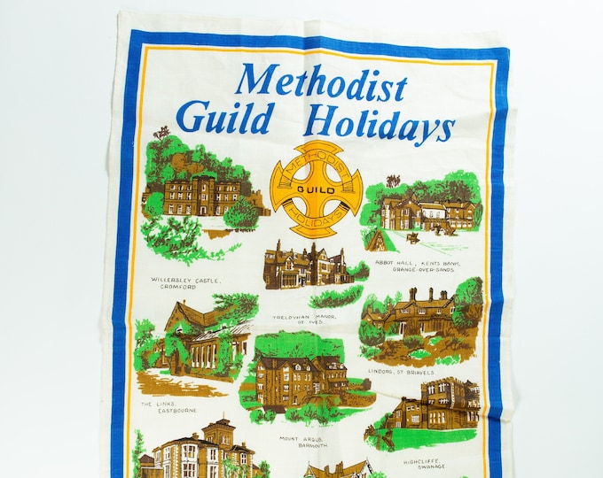 Methodist Guild Holidays Vintage Tea Towel - Pure Irish Linen Souvenir Cloth - Moorlands, Whitby - Abbot Hall, Lent Banks, etc