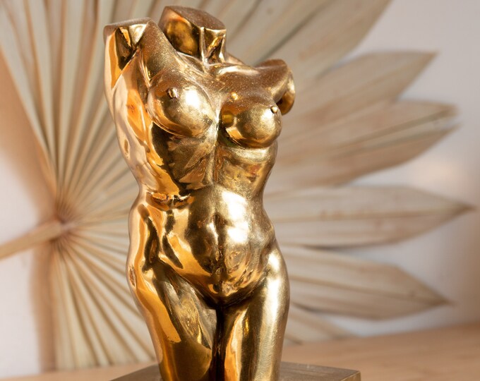 Vintage Brass Torso Sculpture - Heavy Solid Brass Female Bust Signed Artist Sculpture