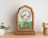 Antique Mantle Clock - French Victorian Style Round Face Clock with Image of Country Scene