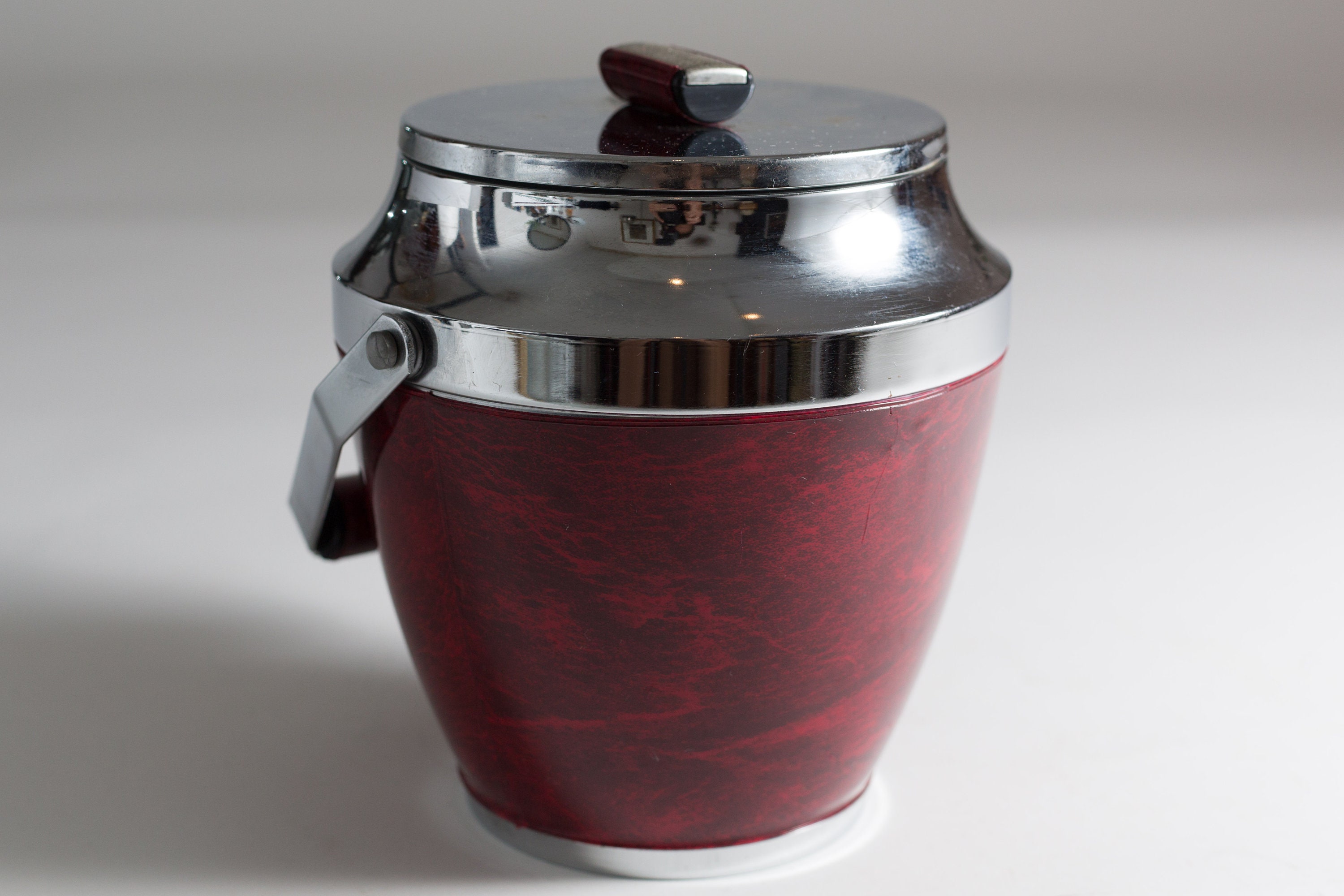 Vintage Ice Bucket - Red Faux Leather Wrapped Metal Chrome Ice Bucket ...