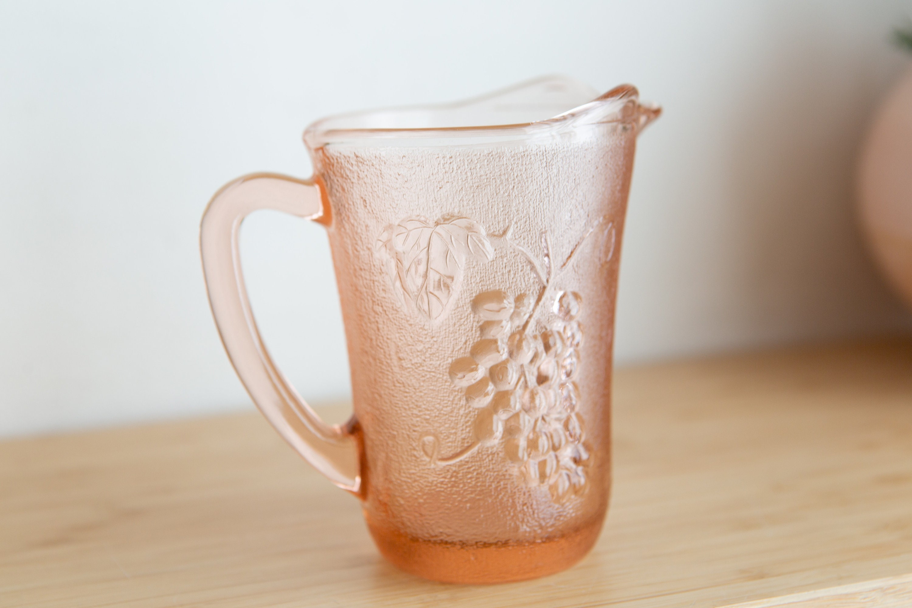 Vintage Pink Pitcher 1980's Pink Glass Grape Textured Mini Jug