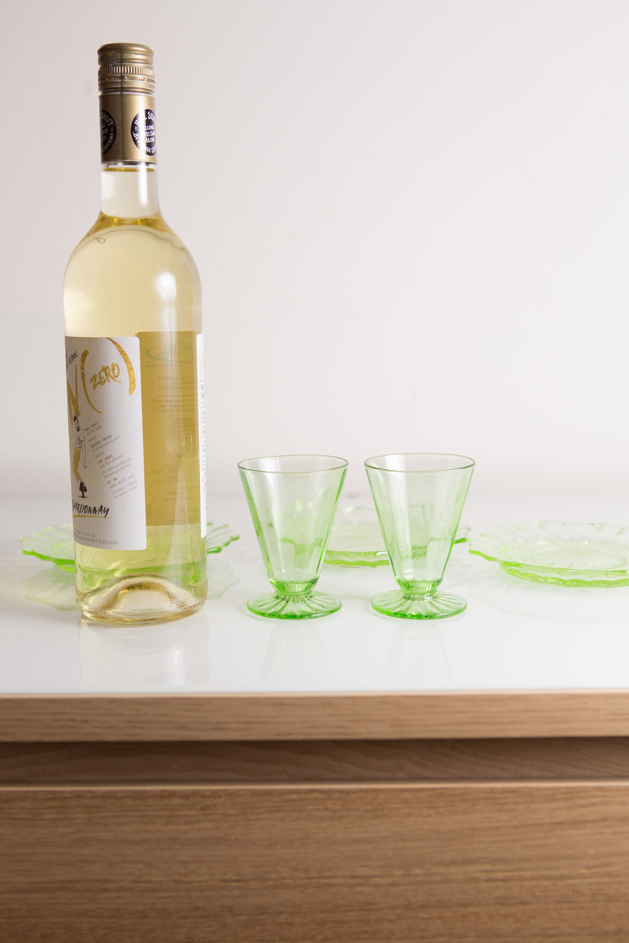 2 Green Apéritif Glasses and 3 Small Plates 2oz Pair of Antique Small