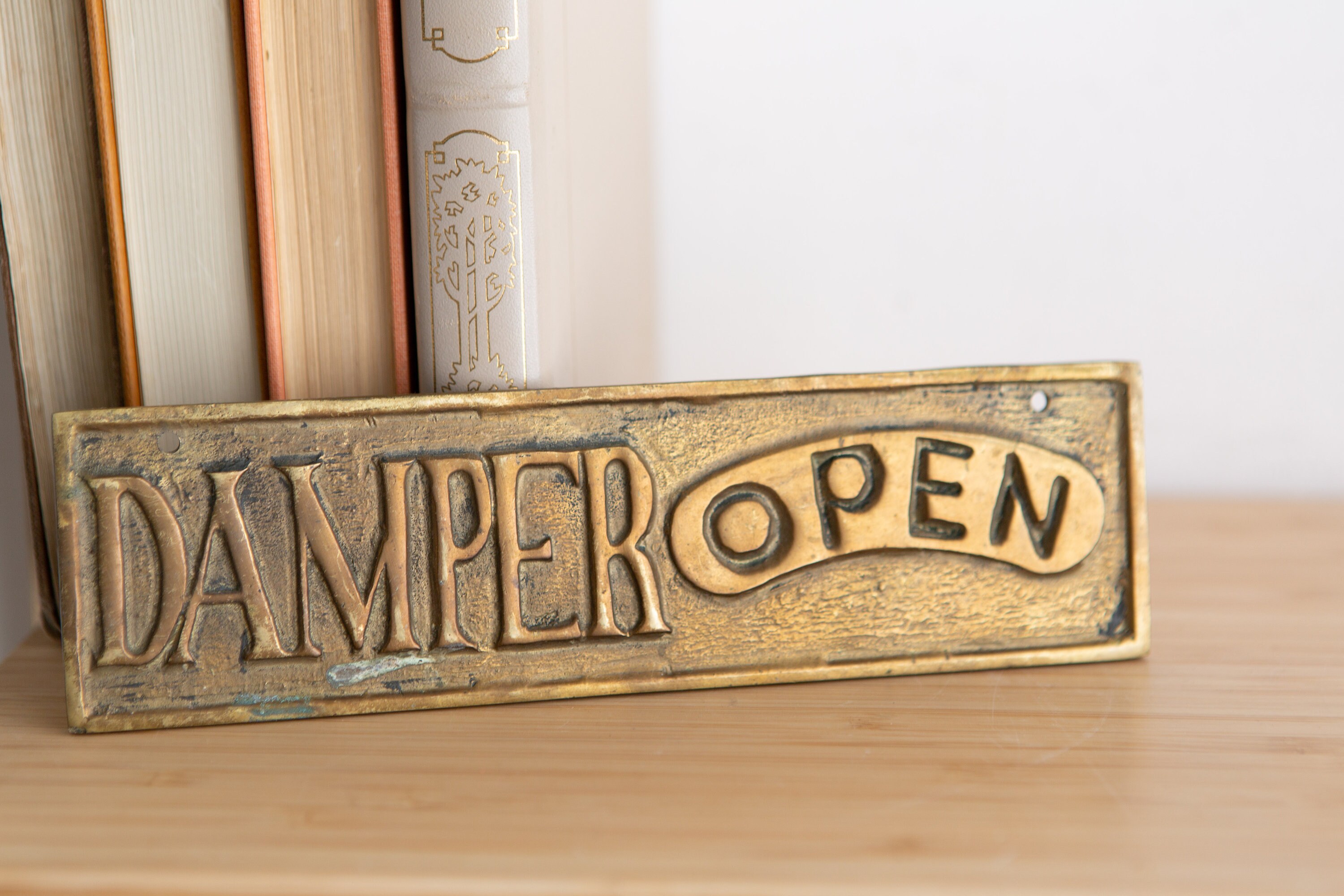 Damper Open Brass Sign Vintage Solid Brass Metal Fireplace Damper Hanging Vintage Letters