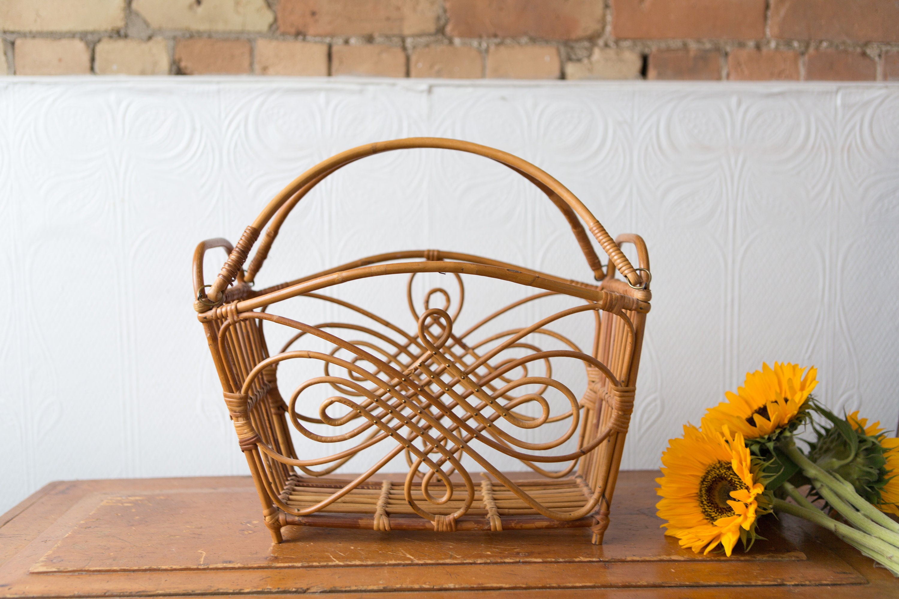 Vintage Rattan Cane Wicker Magazine Rack with Ornate Pattern and Carrying Handles Bent Bamboo