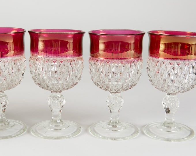 4 Wine Glasses - Vintage Art Nouveau Stemware Goblets - Indiana Iridescent Cranberry / Ruby Red and Diamond Point Pattern