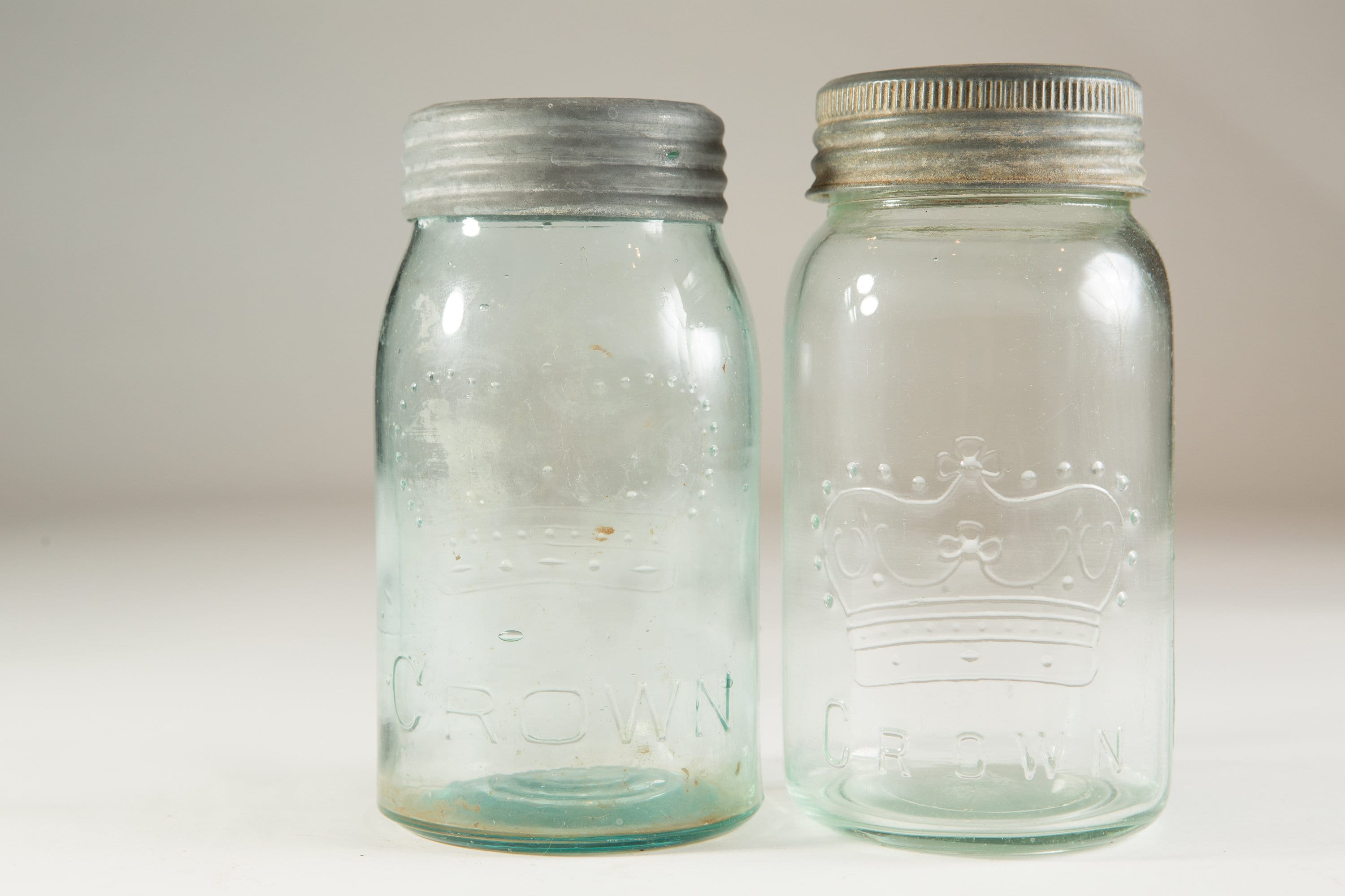 4 Vintage Crown Canning Mason Jars with Blue Glass and Zinc Lid (Made