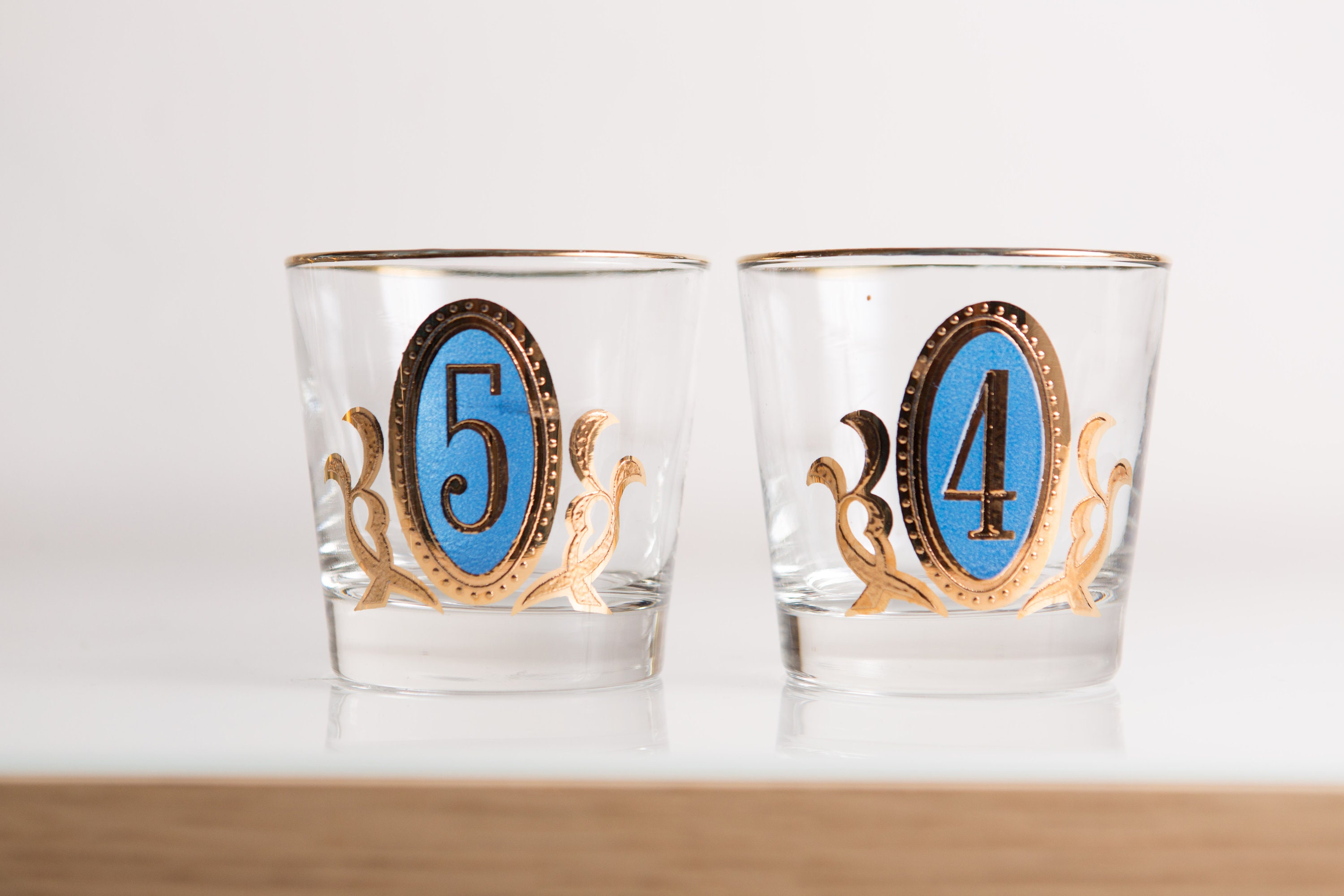 Gold Numbered Tumblers 8oz Vintage Lowball Drinking Glasses Retro