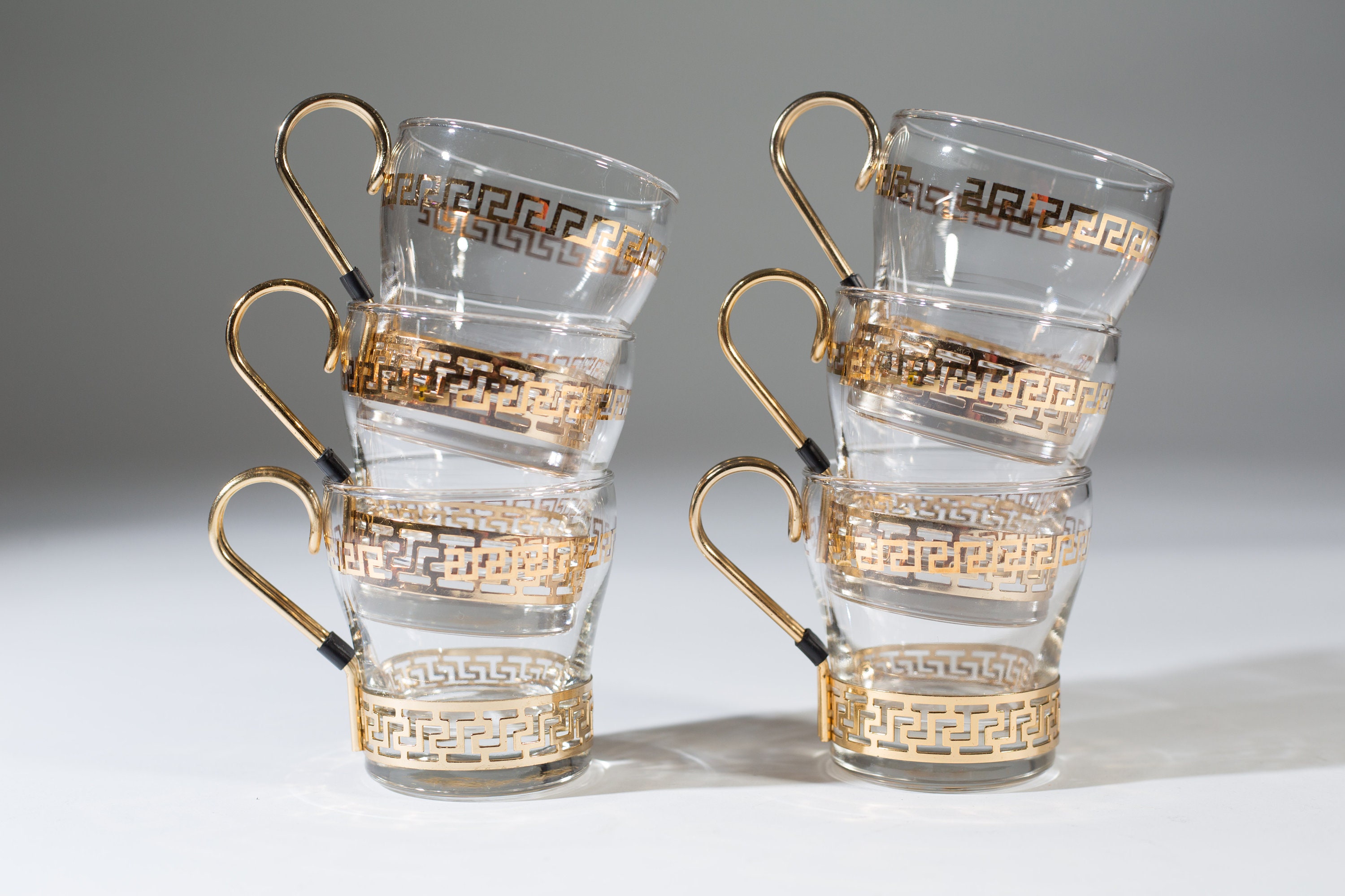 Glass Coffee Mugs 6 X 6oz Vintage Gold And Clear Glass Hollywood Regency Mugs With Handle And