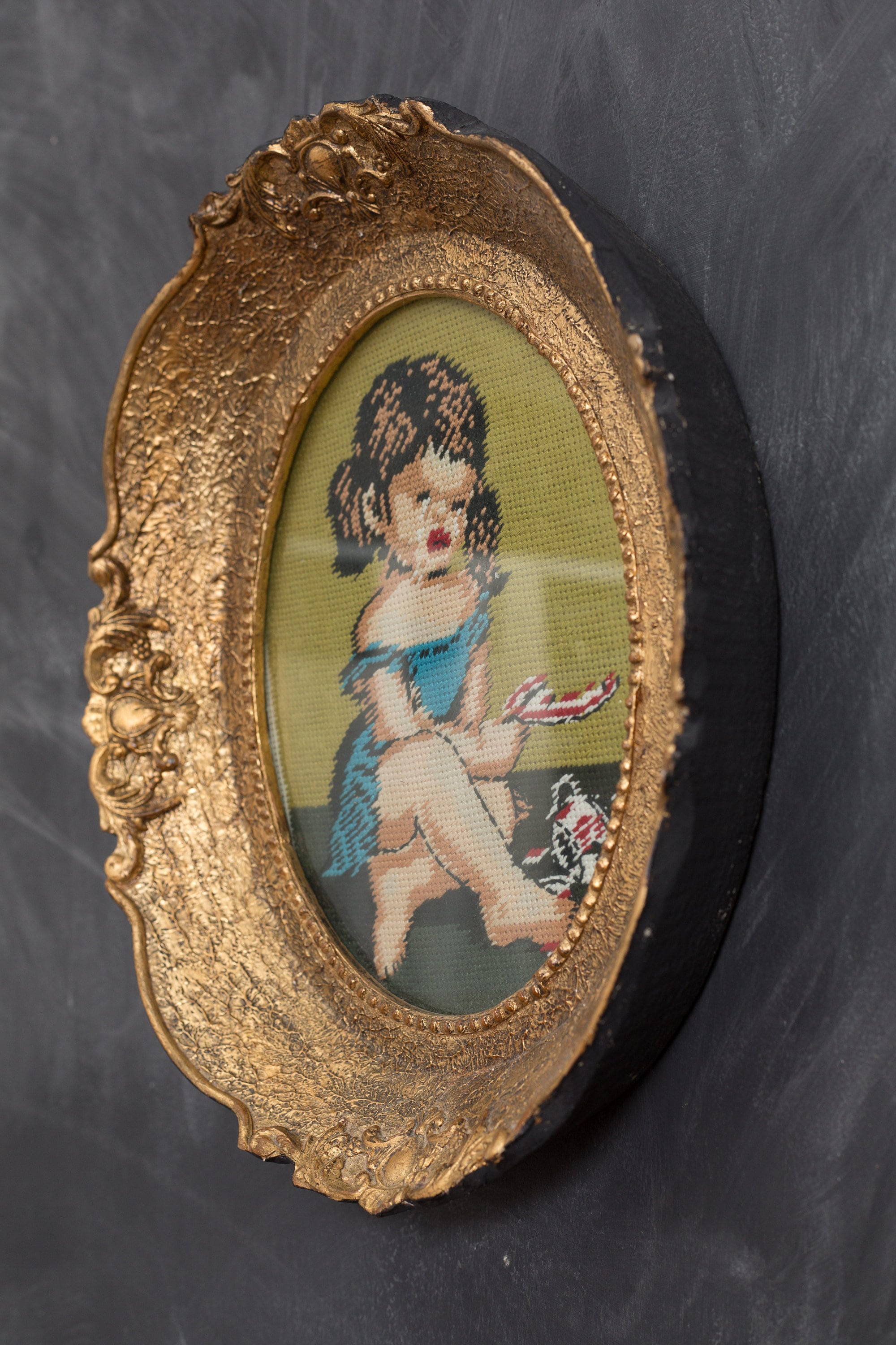 Vintage Latch Hook Artwork Pair of Gold Colored Oval Framed