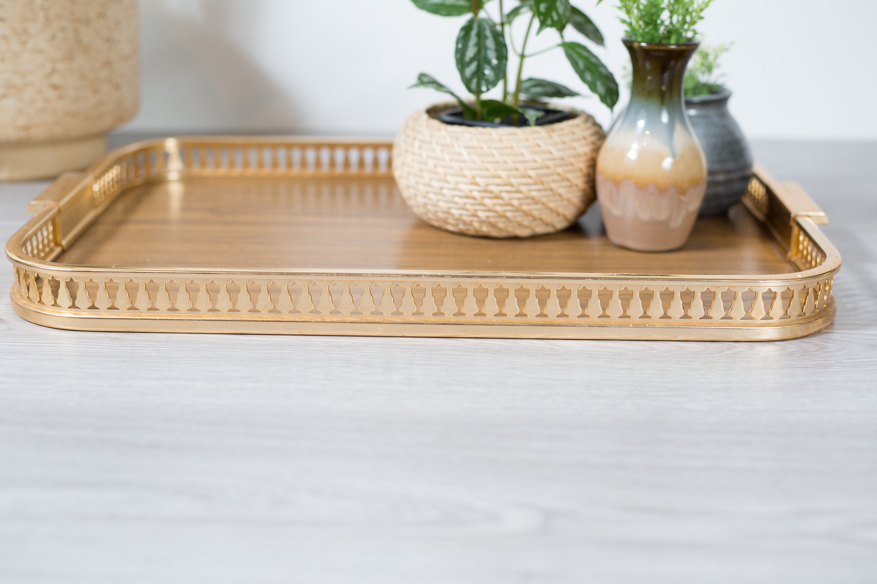 Rose Gold Serving Tray Vintage Large Faux Wood and Metallic Brass Tea