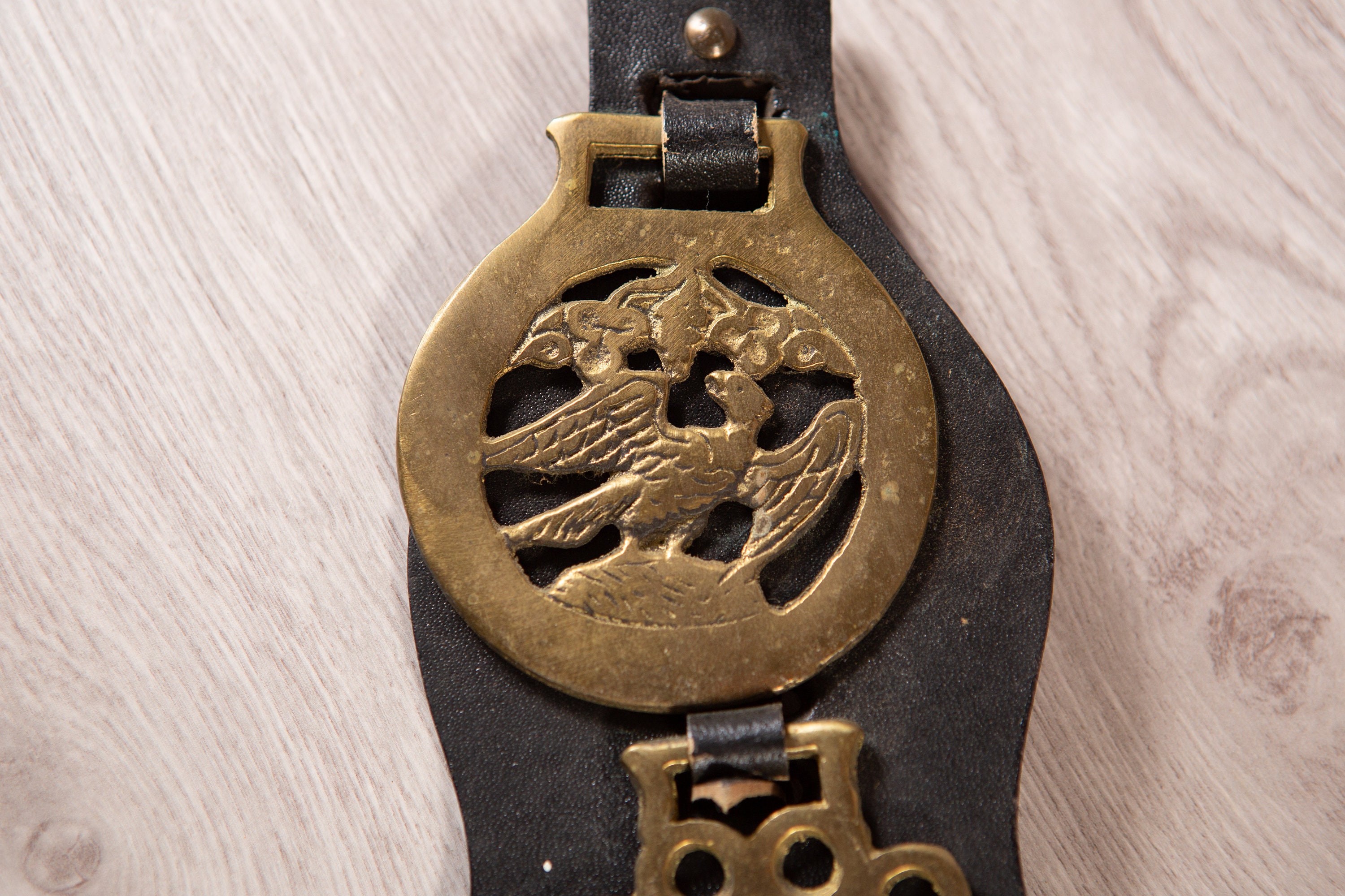 Vintage Brass Horse Harness Medallions Mounted on a Martingale Set of 4