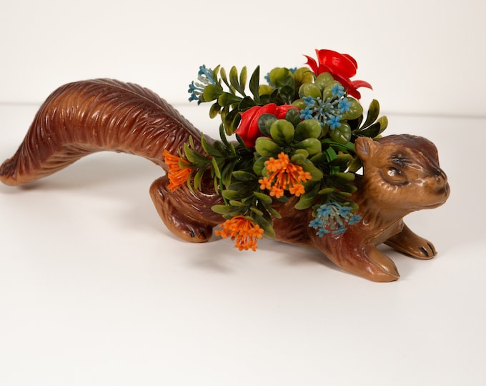 70's Vintage Plastic Squirrel / Chipmunk with Flower Bouquet