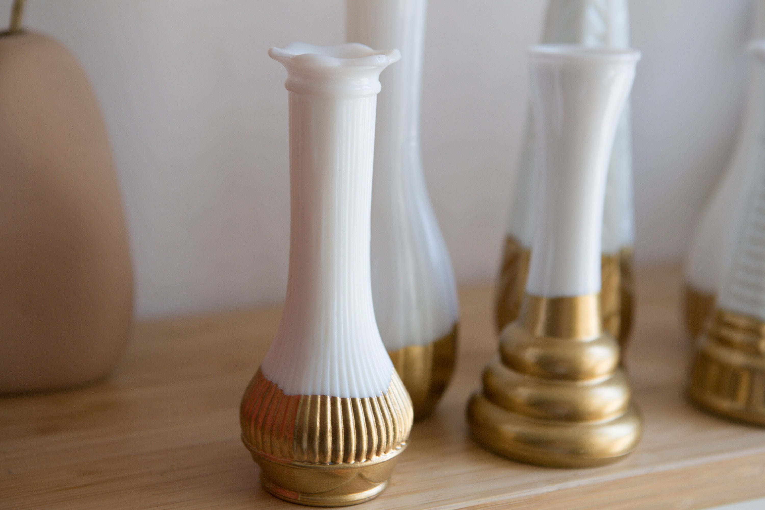 9 Gold Dipped Vases Vintage Geometric White Milk Glass Vases Mid