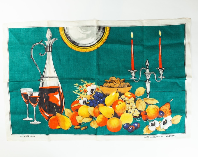 Vintage Tea Towel with Table Setting - Fruit, Wine, Candle - Irish Linen Souvenir Cloth