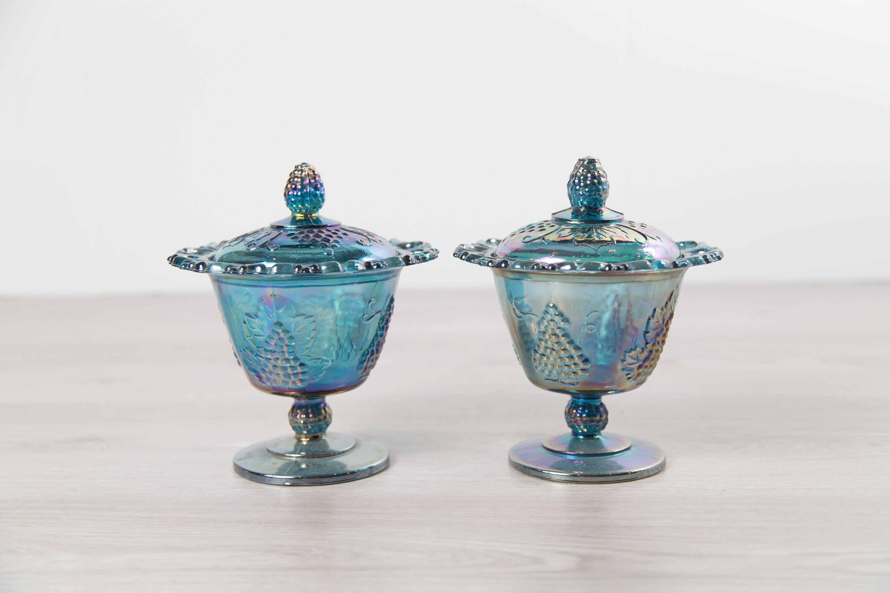 Vintage Iridescent Candy Dish Antique Lidded Blue Stemmed Indiana