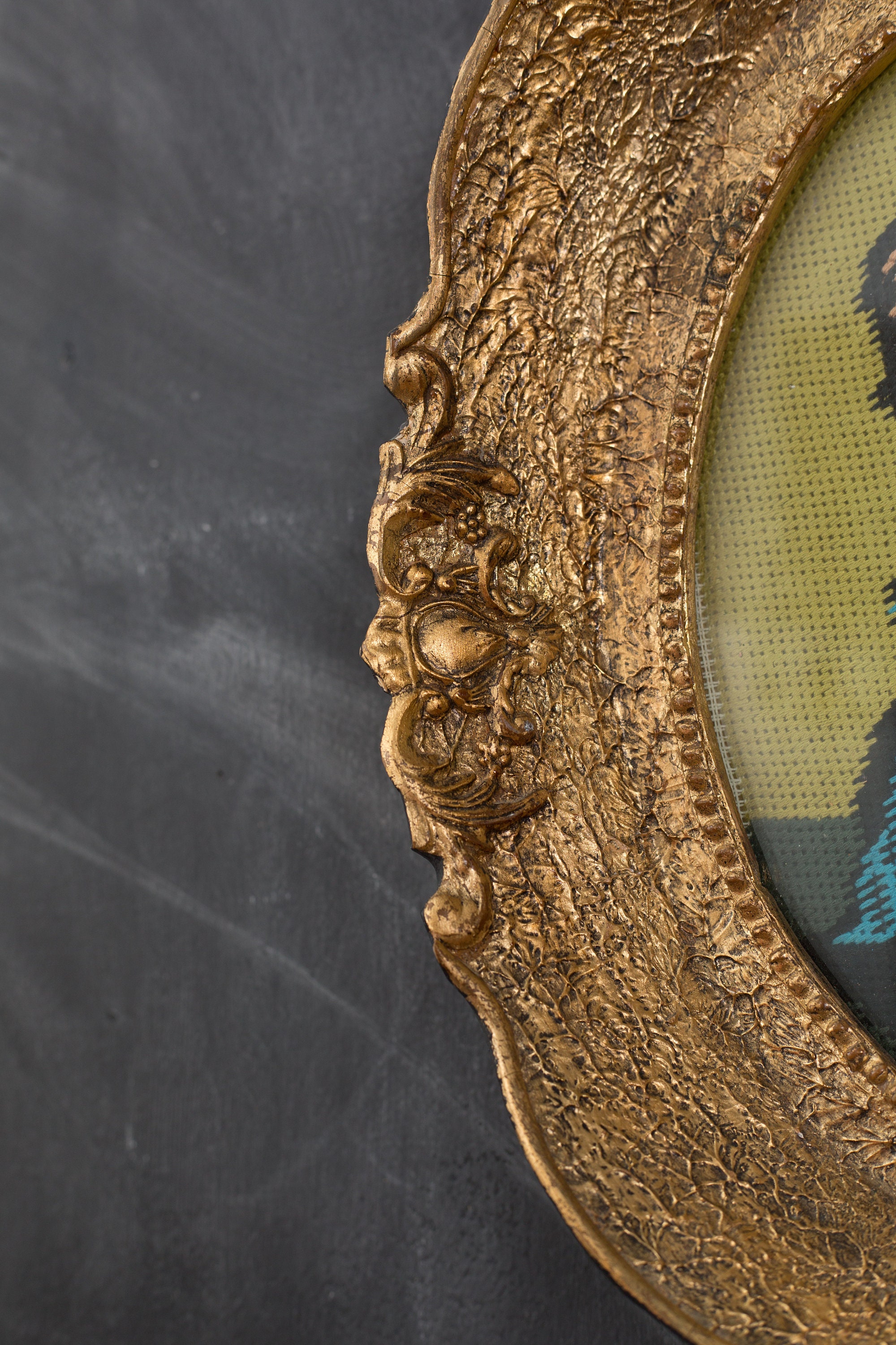 Vintage Latch Hook Artwork Pair of Gold Colored Oval Framed