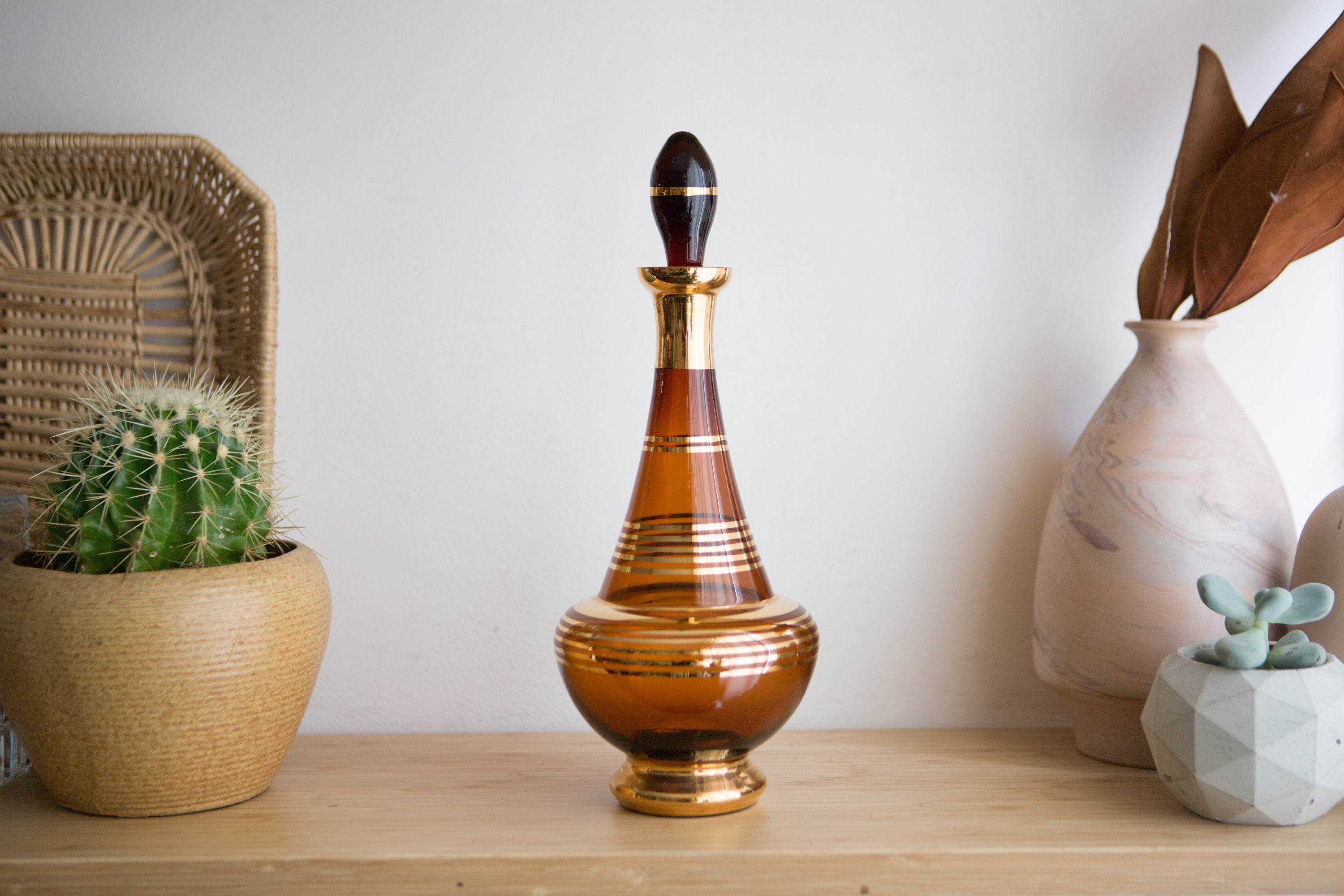 Brown Glass Decanter with Gold Stripes Vintage Smoke Brown Metallic