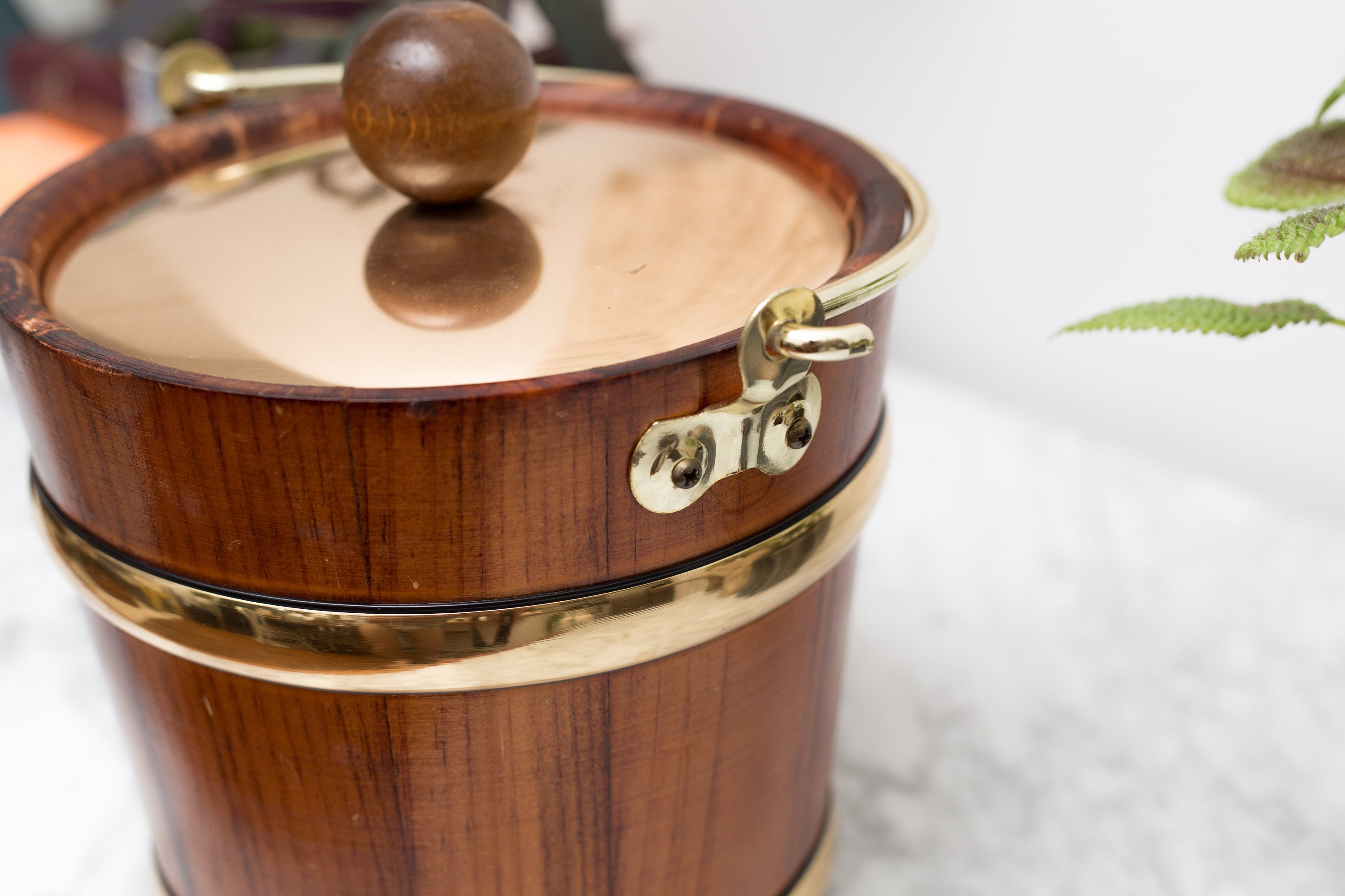 Vintage Wood Ice Bucket with Brass Hardware Wood Grain Barrel Shaped