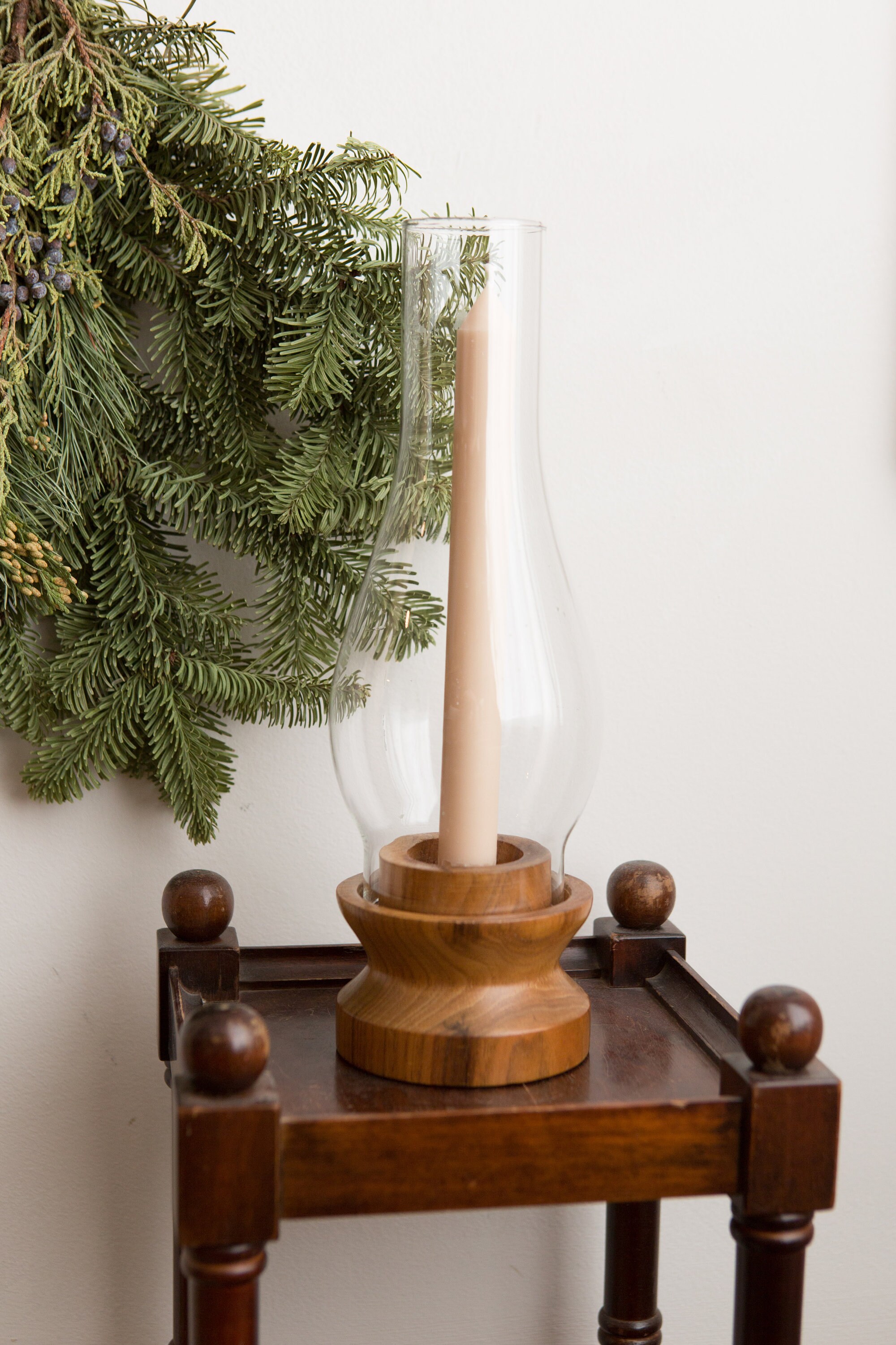 Chimney Candle Lanterns Carved Spun Wood and Glass Candlestick