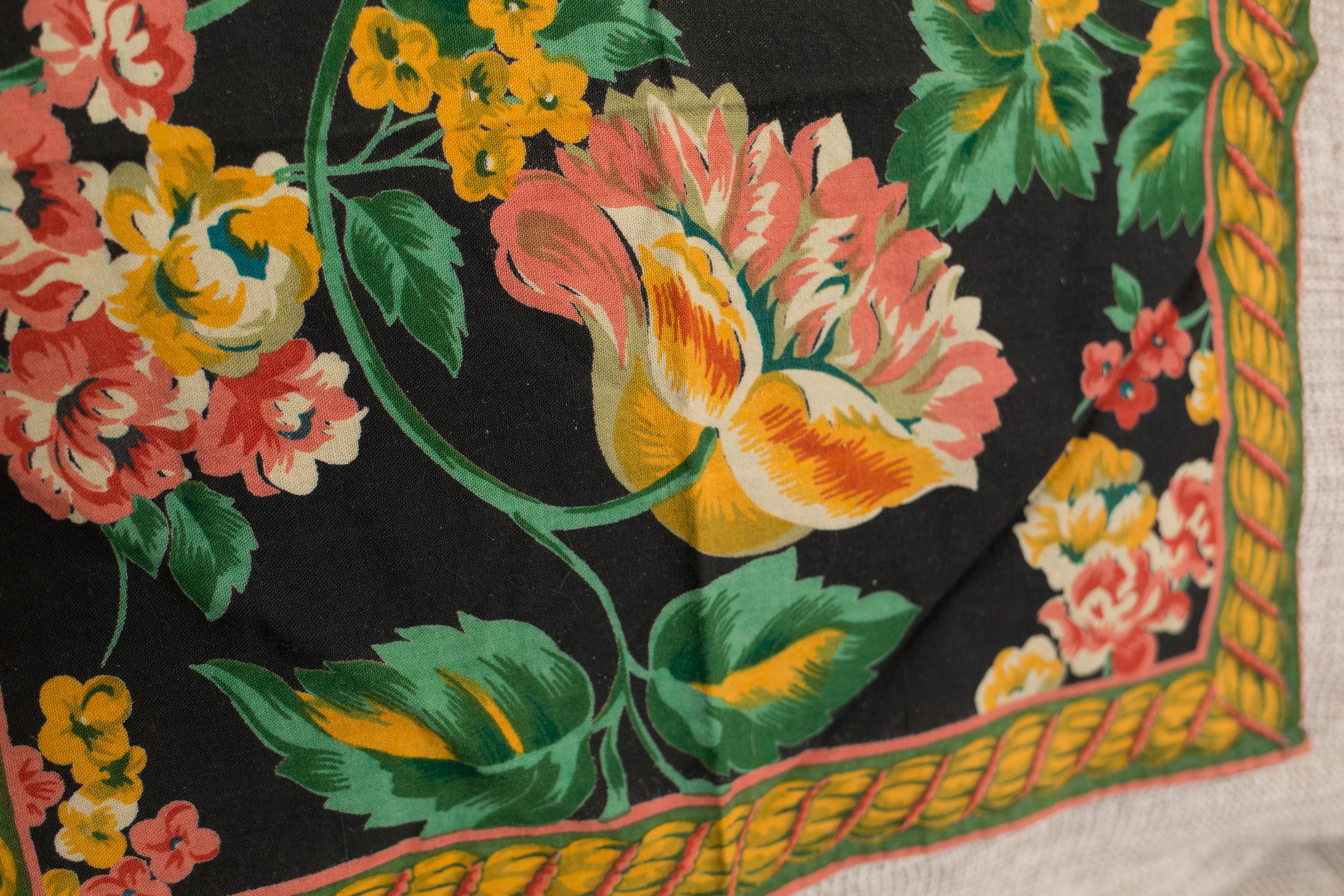 8 Vintage Fabric Napkins Vintage Black Floral Screen Printed Napkins