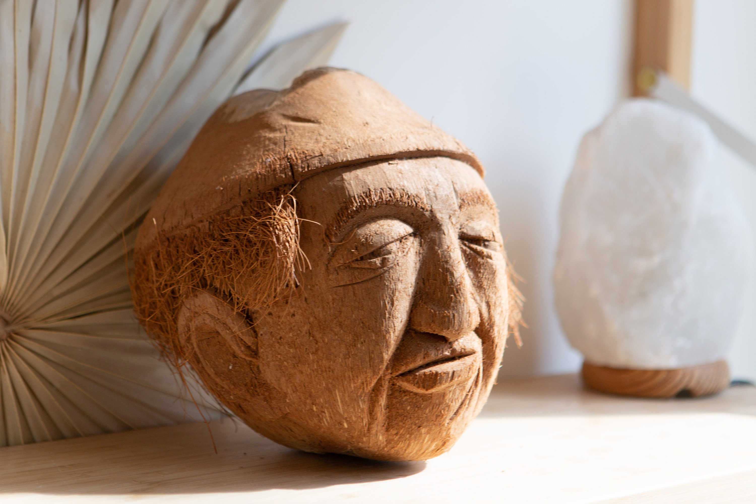 Vintage Coconut Head Hand Carved Tropical Hanging Coconut Husk Head